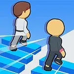 Hai nhân vật hoạt hình đang chạy trên những bậc thang màu xanh