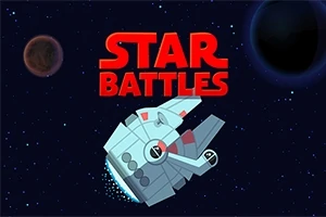 Phi thuyền không gian màu xám đang bay trong vũ trụ với hai hành tinh ở phía xa và dòng chữ Star Battles màu đỏ phía trên