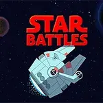 Phi thuyền không gian màu xám đang bay trong vũ trụ với hai hành tinh ở phía xa và dòng chữ Star Battles màu đỏ phía trên