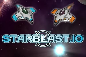 Hai tàu vũ trụ màu trắng với chi tiết xanh dương và cam bay trong không gian với dòng chữ STARBLAST