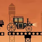 Xe ngựa hơi nước và toa xe nhỏ trên nền trời màu cam với cột đèn và kiến trúc công nghiệp