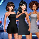 Bốn nhân vật hoạt hình nữ mặc váy đen đứng cạnh nhau trong một môi trường tương lai với ánh sáng neon và nền công nghệ cao