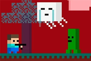 Nhân vật đồ họa pixel cầm vũ khí đối mặt với sinh vật vuông trắng và một sinh vật xanh dưới cây trên nền đỏ