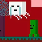 Nhân vật đồ họa pixel cầm vũ khí đối mặt với sinh vật vuông trắng và một sinh vật xanh dưới cây trên nền đỏ
