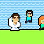Ba nhân vật theo phong cách pixel đứng trên nền cỏ xanh với bầu trời xanh gợn sóng phía sau