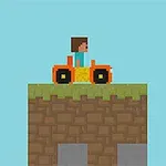 Nhân vật pixel ngồi trên xe máy màu cam trên nền đất và cỏ, với bầu trời xanh phía sau
