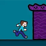 Nhân vật hoạt hình đang chạy về phía một cánh cửa màu tím với họa tiết nổi