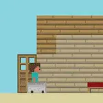 Một nhân vật pixel đứng trước ngôi nhà gạch với cánh cửa, bên cạnh có một chiếc giường đỏ và vài cây xương rồng nhỏ trên nền cát