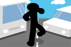 Hình ảnh một nhân vật stickman màu đen đang đi giữa con đường với hai chiếc xe ô tô màu trắng ở hai bên, trời xanh có mây trắng