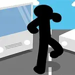 Hình ảnh một nhân vật stickman màu đen đang đi giữa con đường với hai chiếc xe ô tô màu trắng ở hai bên, trời xanh có mây trắng