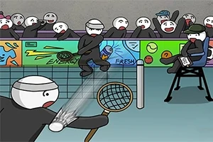 Các nhân vật hoạt hình đang chơi bóng vợt với khán giả cổ vũ xung quanh