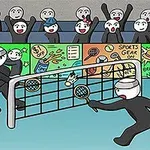 Hai nhân vật hoạt hình đang chơi cầu lông trên sân với khán giả cổ vũ đằng sau