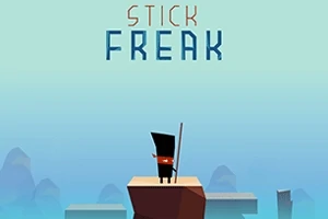 Nền trời xanh nhạt với dòng chữ Stick Freak phía trên, một nhân vật đứng trên đỉnh núi với cây gậy dài