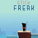 Nền trời xanh nhạt với dòng chữ Stick Freak phía trên, một nhân vật đứng trên đỉnh núi với cây gậy dài