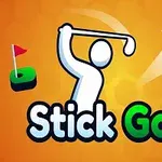 Người đánh gôn vung gậy nhắm vào quả bóng trên nền cam với cờ lỗ gôn bên trái