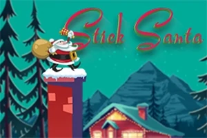 Ông già Noel đứng trên ống khói cầm túi quà, phía sau là rừng cây và ngôi nhà dưới núi, với chữ Stick Santa ở trên