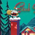 Ông già Noel đứng trên ống khói cầm túi quà, phía sau là rừng cây và ngôi nhà dưới núi, với chữ Stick Santa ở trên