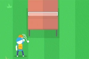 Người đang chơi bóng bàn trên sân cỏ với bàn màu đỏ