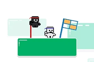 Hai nhân vật pixel nhỏ đội băng đô đứng trên một bệ xanh với lá cờ bên cạnh