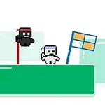 Hai nhân vật pixel nhỏ đội băng đô đứng trên một bệ xanh với lá cờ bên cạnh