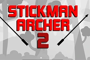 Hình ảnh có dòng chữ Stickman Archer 2 màu đỏ với nền hình cây cối màu xám và hai mũi tên đen