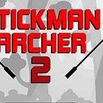Hình ảnh có dòng chữ Stickman Archer 2 màu đỏ với nền hình cây cối màu xám và hai mũi tên đen