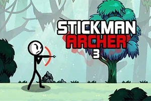Hình ảnh người que đang cầm cung tên, đứng trước cây trong khu rừng với dòng chữ Stickman Archer 3