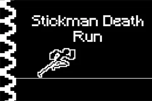 Hình ảnh hiển thị giao diện đen trắng với chữ Stickman Death Run và biểu tượng hình cây búa