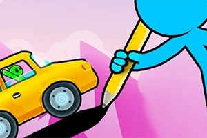 Hình ảnh một nhân vật màu xanh cầm bút chì vàng, bên cạnh là một chiếc xe hơi màu vàng có nhân vật màu xanh lá ngồi bên trong trên nền màu hồng