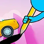 Hình ảnh một nhân vật màu xanh cầm bút chì vàng, bên cạnh là một chiếc xe hơi màu vàng có nhân vật màu xanh lá ngồi bên trong trên nền màu hồng