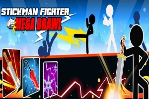 Các nhân vật stickman đang chiến đấu với nhau trên nền màu xanh, cùng với các vũ khí và hiệu ứng đang nổi bật ở phía trước