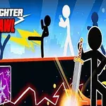Các nhân vật stickman đang chiến đấu với nhau trên nền màu xanh, cùng với các vũ khí và hiệu ứng đang nổi bật ở phía trước