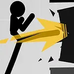Hình ảnh một nhân vật người que thực hiện cú đá phá vỡ một bức tường màu đen, với hiệu ứng vỡ tung và tia sáng màu vàng
