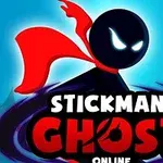 Hình ảnh một nhân vật stickman đen với chiếc khăn choàng đỏ và ánh mắt sáng nổi bật trên nền xanh, cùng với chữ Stickman Ghost Online