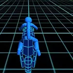 Hình ảnh một nhân vật người que màu xanh đang cưỡi xe máy trên lưới 3D phát sáng