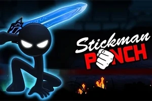 Hình vẽ người que cầm kiếm phát sáng màu xanh, nền tối và chữ Stickman Punch với hình nắm đấm