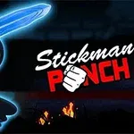 Hình vẽ người que cầm kiếm phát sáng màu xanh, nền tối và chữ Stickman Punch với hình nắm đấm