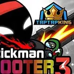 Hình ảnh một người que đeo băng đỏ đang chiến đấu với zombie, cùng với văn bản Stickman Shooter 3