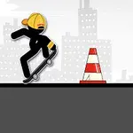 Nhân vật hoạt hình đội mũ bảo hiểm vàng điều khiển ván trượt vượt qua chướng ngại vật trong khung cảnh thành phố