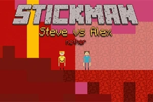 Hình ảnh hiển thị hai nhân vật kiểu pixel trong một khung cảnh đỏ, với chữ Stickman Steve vs Alex Nether phía trên