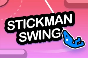 Dòng chữ STICKMAN SWING trên nền màu hồng, bên cạnh là hình vẽ người que màu xanh đang treo trên dây