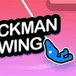 Dòng chữ STICKMAN SWING trên nền màu hồng, bên cạnh là hình vẽ người que màu xanh đang treo trên dây