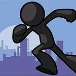 Hình ảnh một nhân vật người que màu đen đang chạy trước nền thành phố vào ban đêm