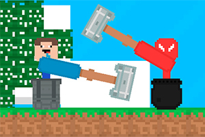 Hai nhân vật pixel trong thùng, mỗi người cầm một chiếc búa lớn, đang đối đầu nhau trên nền trời xanh và cây xanh