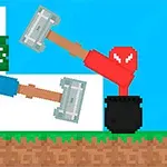 Hai nhân vật pixel trong thùng, mỗi người cầm một chiếc búa lớn, đang đối đầu nhau trên nền trời xanh và cây xanh