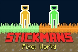Hai nhân vật người que đứng trên nền cỏ pixel màu xanh lá và cam, với dòng chữ Stickmans Pixel World ở phía dưới