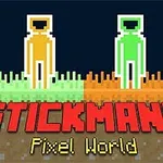 Hai nhân vật người que đứng trên nền cỏ pixel màu xanh lá và cam, với dòng chữ Stickmans Pixel World ở phía dưới