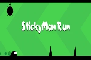 Văn bản StickyMan Run trên nền xanh lá cây với các hình ảnh gai nhọn và một nhân vật nhỏ màu đen ở góc