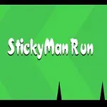 Văn bản StickyMan Run trên nền xanh lá cây với các hình ảnh gai nhọn và một nhân vật nhỏ màu đen ở góc