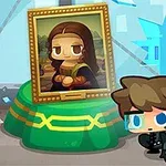 Một nhân vật hoạt hình đội tai nghe đang cư trú cạnh bức tranh Mona Lisa hoạt hình, với cửa sổ kính vỡ phía sau